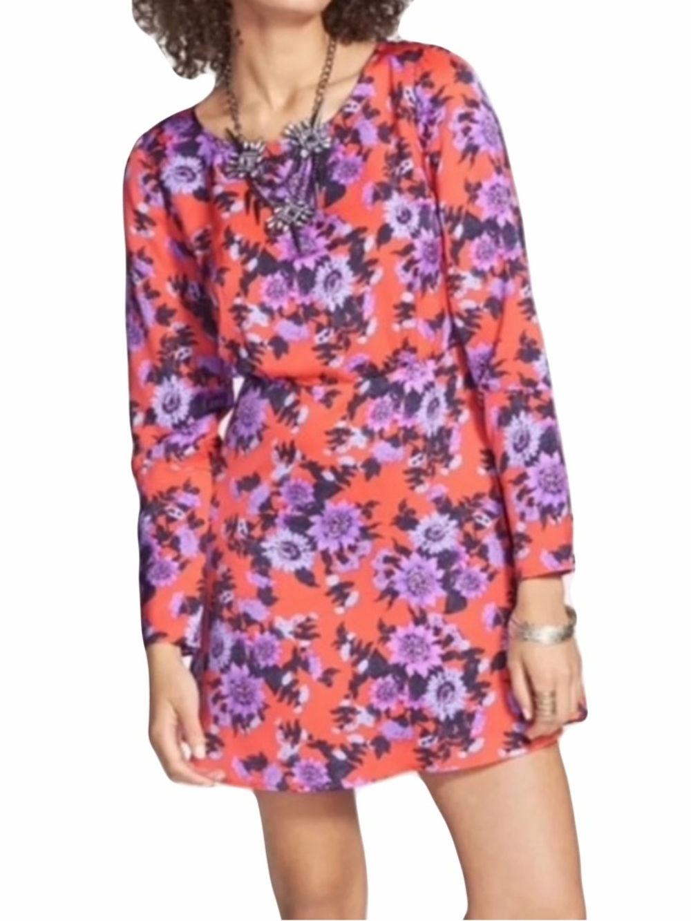 Free People 2 Parker Floral Coral Long Sleeve Boho Mini Skater Dress B11